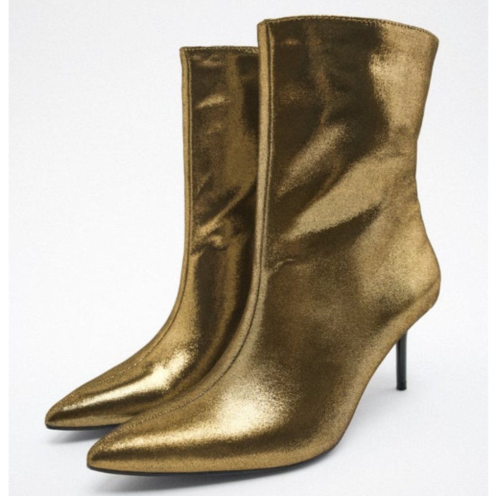 Zara Gold Metallic Thin Heel Ankle Boots - NWT
